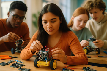 Focused Teens Collaborating on Robotics Project with Circuits, Wires, and Enthusiasm
