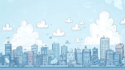 Fototapeta premium Hand-Drawn City Landscape with Light Blue Sky and Soft Clouds