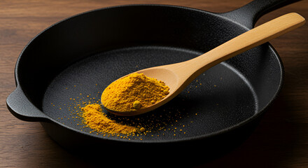 Turmeric spice on a wooden spoon in a cast iron pan for culinary use