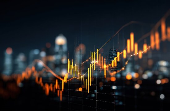 Abstract financial chart overlaying a cityscape at night