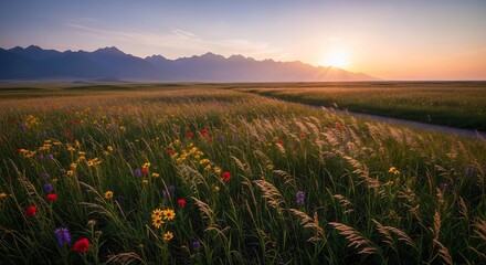 Wildflower Meadow at Sunset with Distant Mountains and Golden Light.