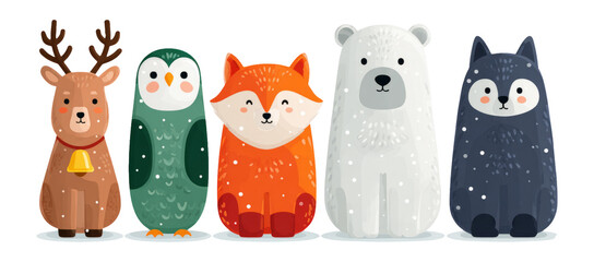 Cute Cartoon Animals in Winter Style with Snow on Transparent Background