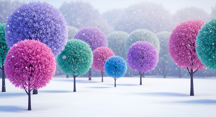 Whimsical winter wonderland: a forest of vibrant trees under gentle snowfall