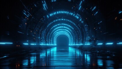 Futuristic tunnel lit by vibrant blue neon lights