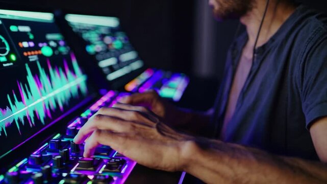 Electronic music production in a modern studio setting with vibrant visuals and advanced technology