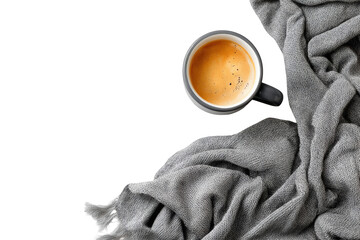 Overhead view of coffee and a gray blanket