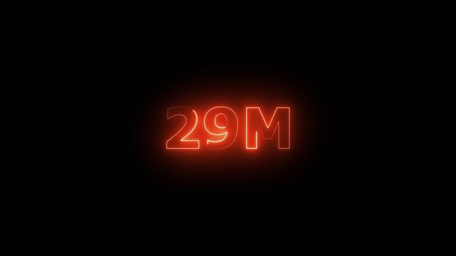  Neon 29M Animated Text.Glowing Neon 29M Countdown Animation .Bright Motion Typography for Timers, Events, and Digital Media Projects

