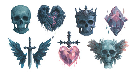 Dark Fantasy Icons Collection with Skulls, Hearts, and Swords on Transparent Background