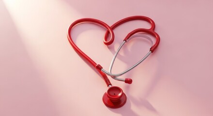 Red stethoscope shaped like a heart on a pink background