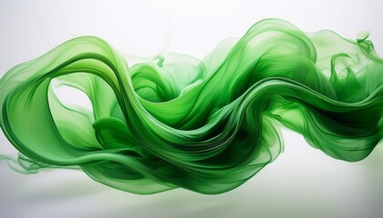 abstract green liquid swirl captured mid motion with smoke like flowing textures on white background in conceptual visual with organic movement under isolated lighting