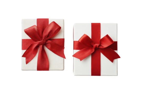 Two white gift boxes with red ribbons