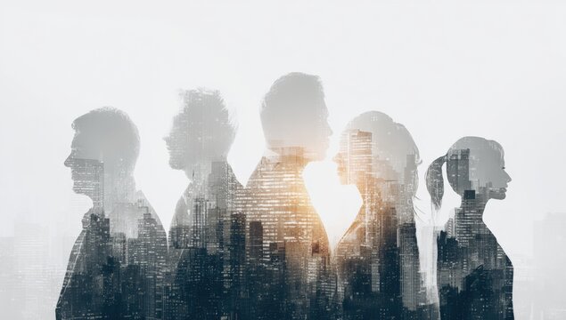 Silhouettes of people in profile, overlaid with a city scape