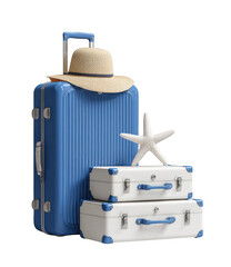 Obraz premium Blue suitcase, straw hat, and white suitcases