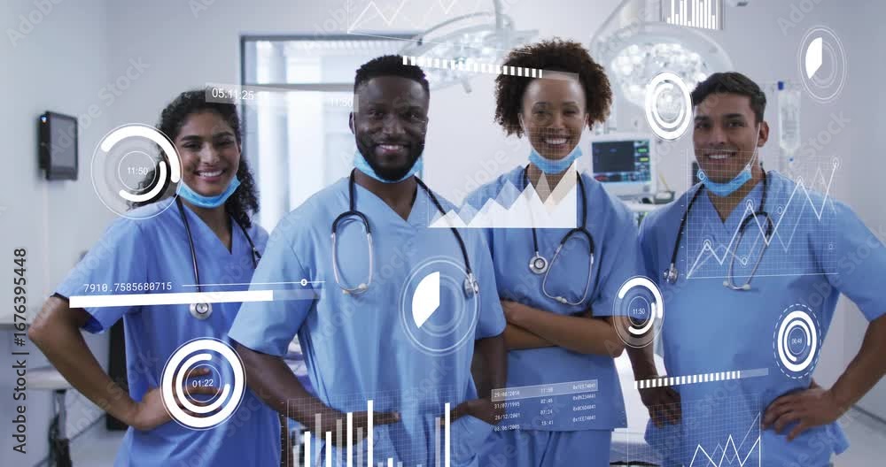 Poster medical team entering or initiating animated charts displaying real-time data over stethoscopes