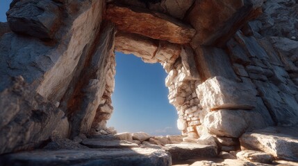 Ancient Stone Portal with Clear Sky, Evoking Mystery and Geological Formations