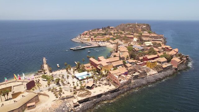 SENEGAL - 7.14.2025 - Excellent aerial view of historic buildings on Senegal's Goree Island, a former hub of the slave trade.