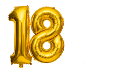 18 Year Balloons PNG, Golden Number Balloons for Birthday Celebration, Transparent Background, Party Decoration