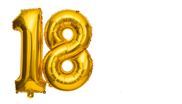 18 Year Balloons PNG, Golden Number Balloons for Birthday Celebration, Transparent Background, Party Decoration