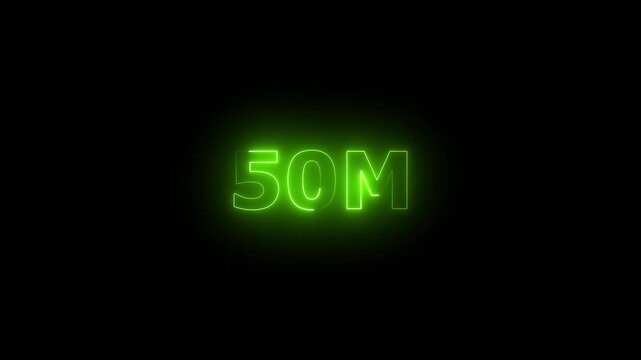 Neon 50M Animated Text.Glowing Neon 50M Countdown Animation .Bright Motion Typography for Timers, Events, and Digital Media Projects

