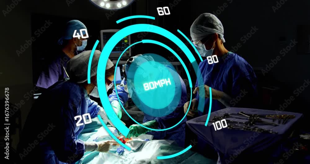 Poster surgeons making precise incisions in operating room activating hologram speedometer gauge readings