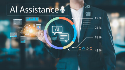 A businessman in a suit interacts with a futuristic AI assistant on a virtual interface, analyzing data charts and graphs for business insights.