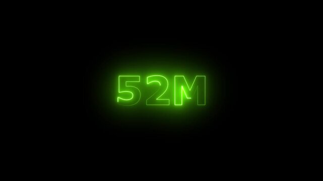 Neon 52M Animated Text.Glowing Neon 52M Countdown Animation .Bright Motion Typography for Timers, Events, and Digital Media Projects

