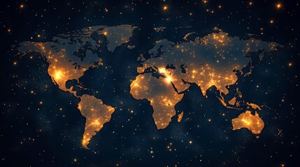 Fototapeta premium World Map with Illuminated Landmasses and Starry Night Background