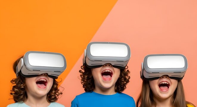 Beta Generation Excited children wearing virtual reality headsets and experiencing an immersive digital world