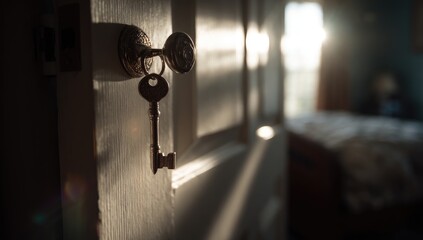 Antique key in a sunlit doorway