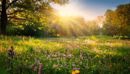enchanted meadow bursting with vibrant wildflowers sunlight dappling through leaves creating a magical floral landscape perfect for spring nature and fantasy themes botany wilderness © Tierra