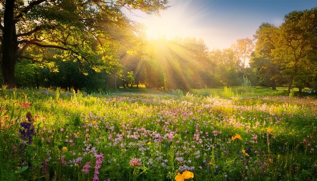 enchanted meadow bursting with vibrant wildflowers sunlight dappling through leaves creating a magical floral landscape perfect for spring nature and fantasy themes botany wilderness