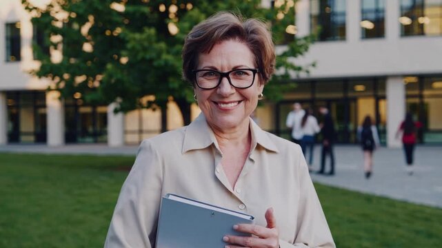 Smiling woman with glasses holds a tablet while standing outside a modern building with students in the background