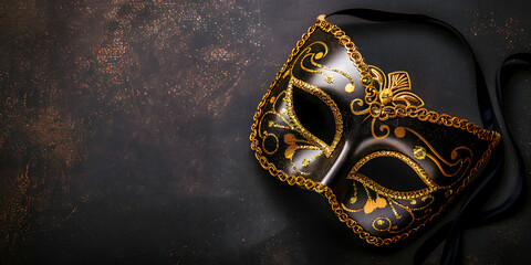 Gold and black Venetian mask with intricate designs
