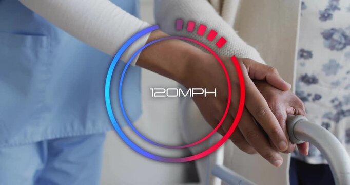 Nurse guiding patient grip on walker activating medical gauge updating mph data to track stability