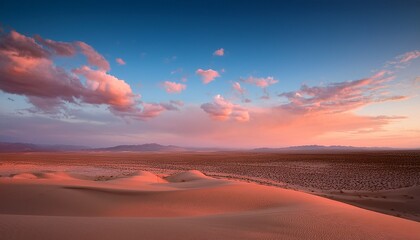 a minimalist desert sunset landscape with pink clouds in the sky creating a serene and peaceful atmosphere