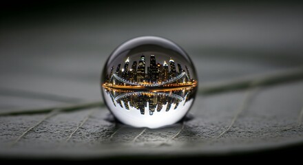 City Skyline Reflection in Glass Sphere on Leaf with Night Lights
