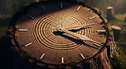Close Up of Wooden Tree Stump Clock with Natural Outdoor Background