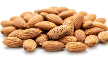 Fototapeta premium Pile of raw almonds on a white surface close up