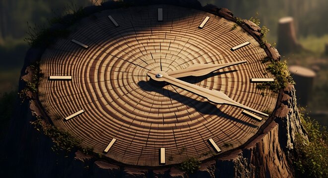 Close Up of Wooden Tree Stump Clock with Natural Outdoor Background
