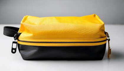 compact yellow and black zippered travel pouch with buckle on light background