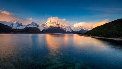 Fototapeta premium beautiful lake at sunset with snow capped mountains in the background