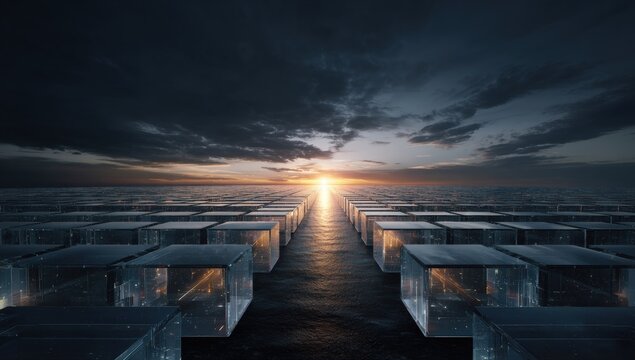 Futuristic cityscape at sunset