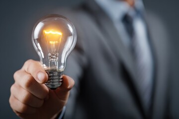 Businessman holds glowing lightbulb