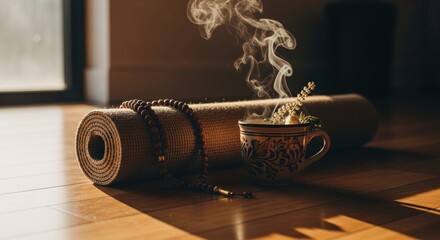 Rolled yoga mat, beaded bracelet, and steaming herbal tea on a wooden floor