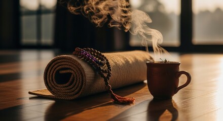 Rolled yoga mat, beads, steaming cup on wooden floor