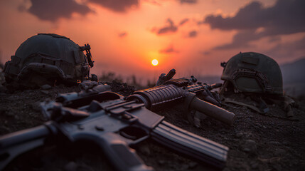 Obraz premium Assault Rifles and Helmets at Sunset on Battlefield
