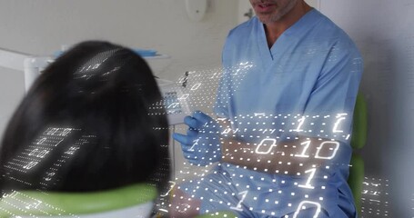 Male dentist adjusting dental lamp while inspecting teeth for dental exam, with binary code overlay - Powered by Adobe