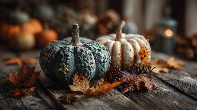 Autumn-themed arrangement of pumpkins and leaves on  wooden surface - Powered by Adobe