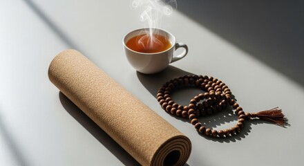 Rolled yoga mat, teacup, and prayer beads on a light surface