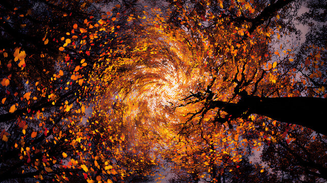 Autumn Tree Vortex at Sunset: Whirlwind of Leaves in a Circular Pattern
